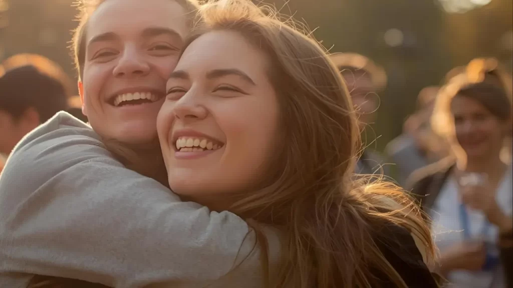 Pessoas sorrindo, se abraçando. Compartilhando experiências de fé e coragem.