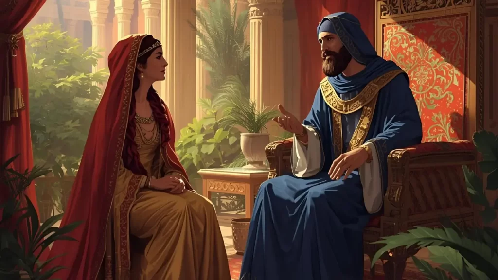 Ester conversando com Mardoqueu no palácio do rei Assuero, história bíblica.