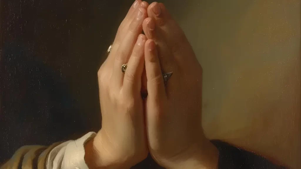 Mãos unidas em oração representando fé e coragem inspiradas na vida de Ester.