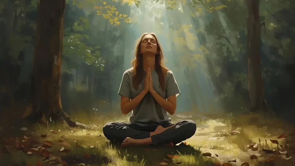 Pessoa meditando e orando em silêncio.