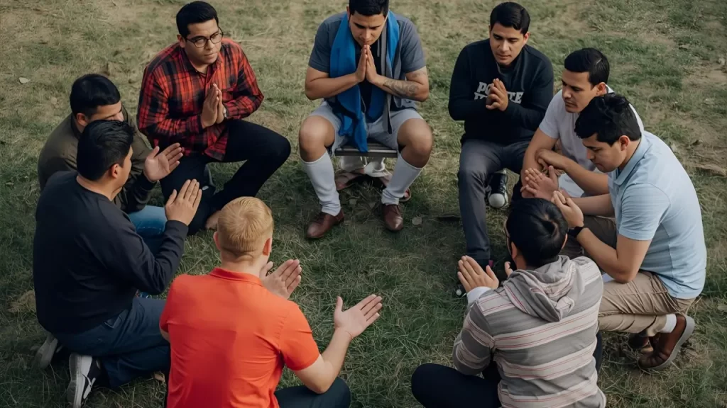 Grupo de pessoas reunidas em círculo de oração, incentivando interação e compartilhamento de fé.
