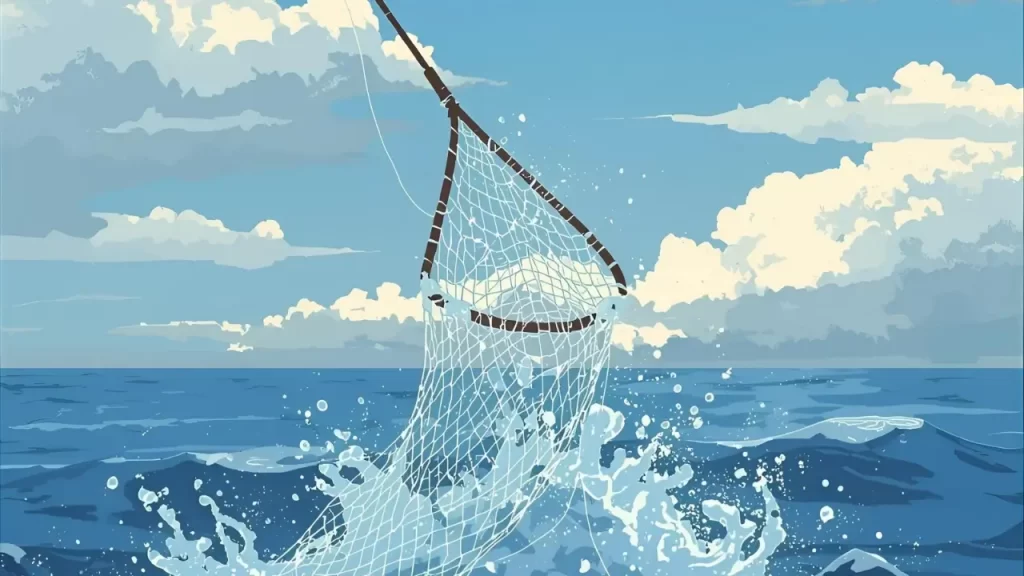 ilustração de uma rede de pesca sendo lançada ao mar.