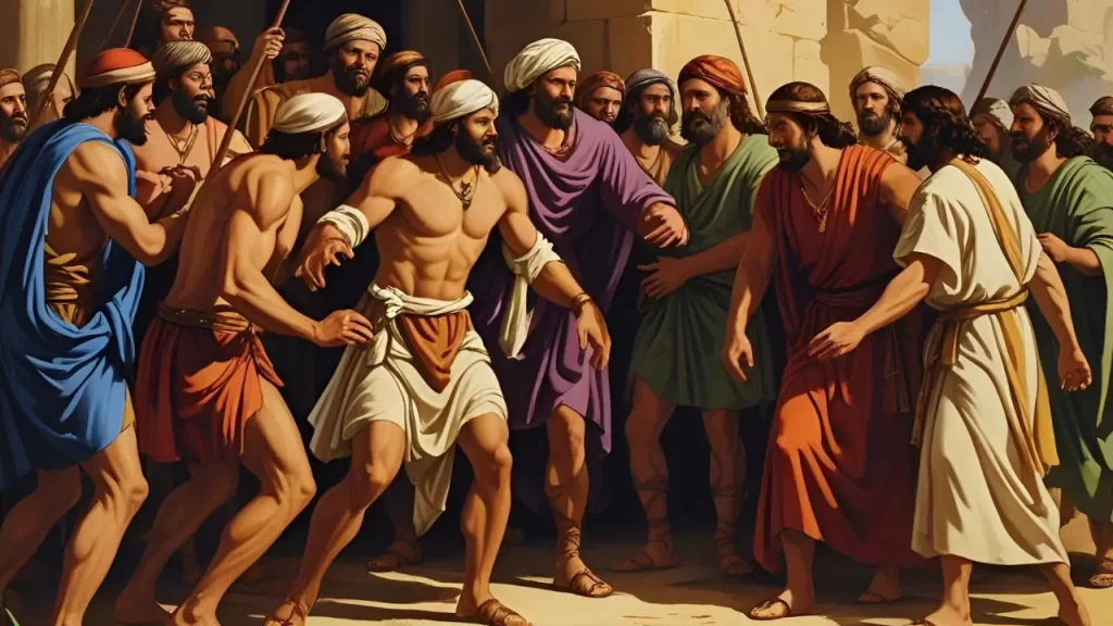 Davi e seus homens em conflito com Nabal, momento em que Abigail na Bíblia demonstra sabedoria feminina.