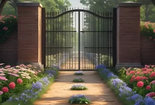 Portão fechado e caminho florido simbolizando o 'não' de Deus como proteção, imagem do Devocional de hoje.