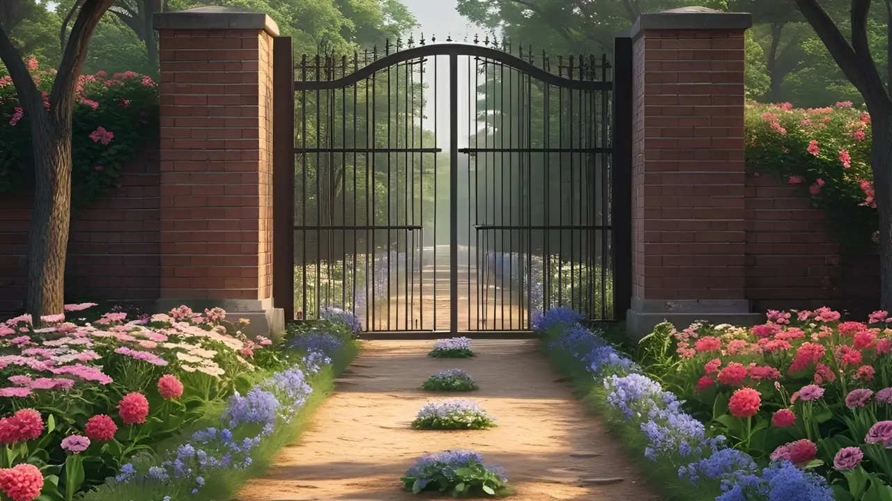 Portão fechado e caminho florido simbolizando o 'não' de Deus como proteção, imagem do Devocional de hoje.