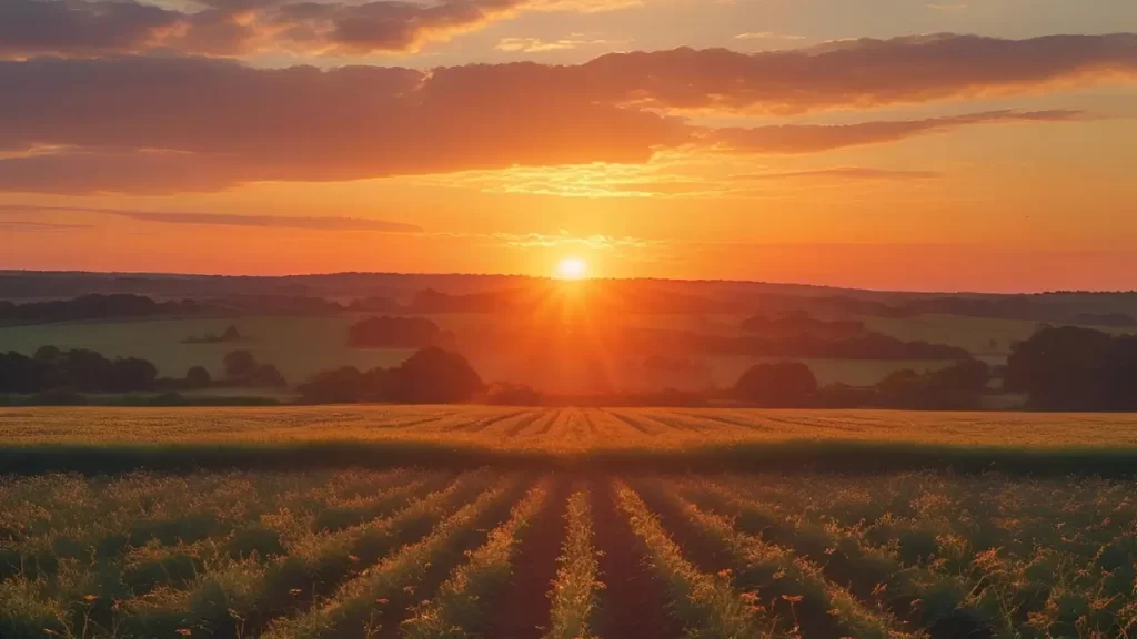 Pôr do sol sobre campo aberto representando esperança e confiança em Deus.