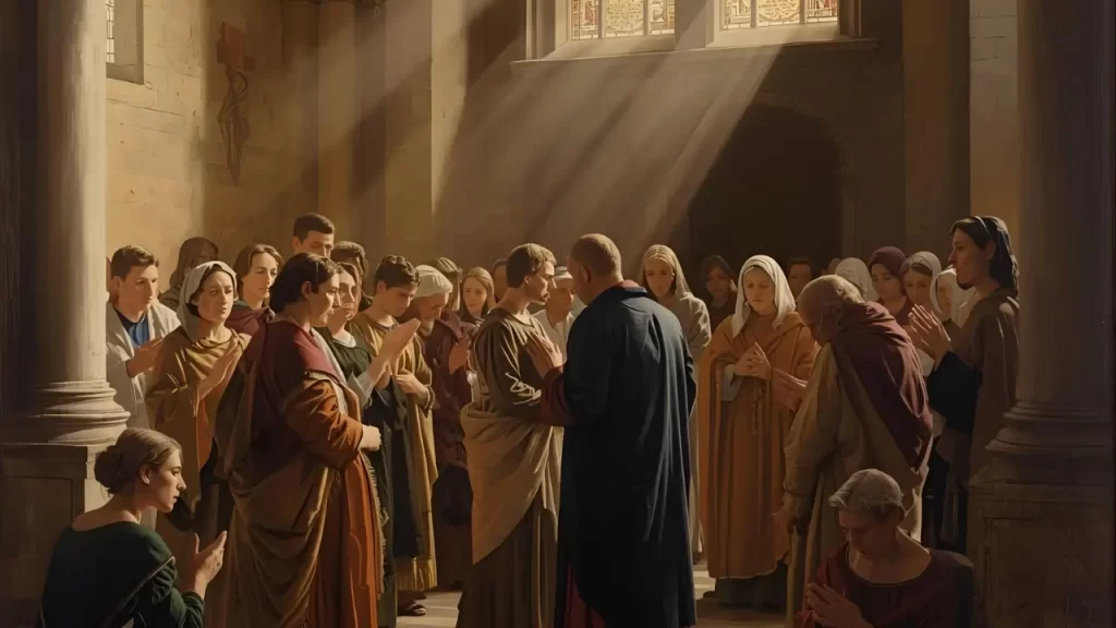 Grupo de fiéis reunidos em oração e comunhão, compartilhando experiências de fé no Devocional Cristão.