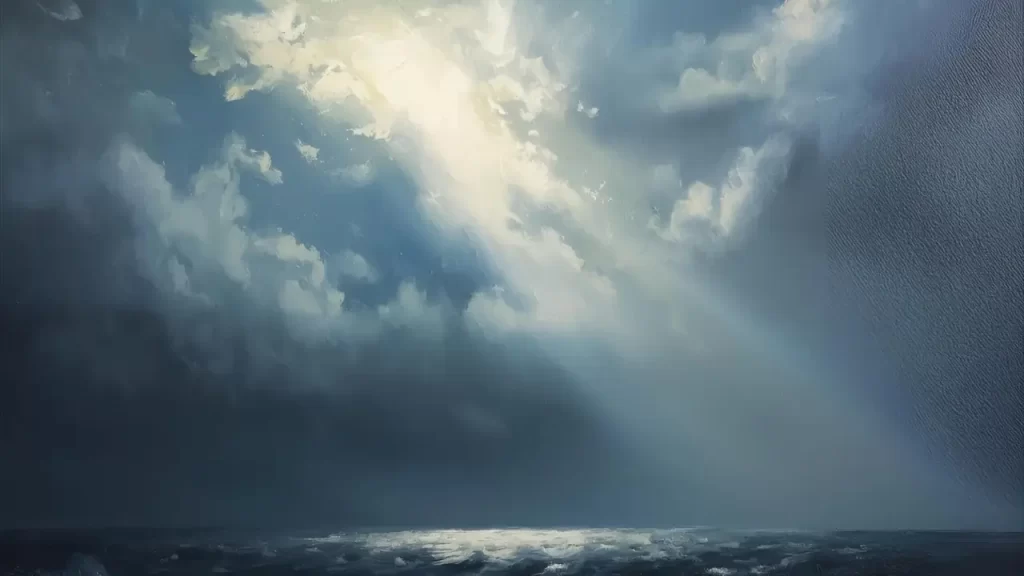 Céu tempestuoso com um raio de luz atravessando as nuvens.