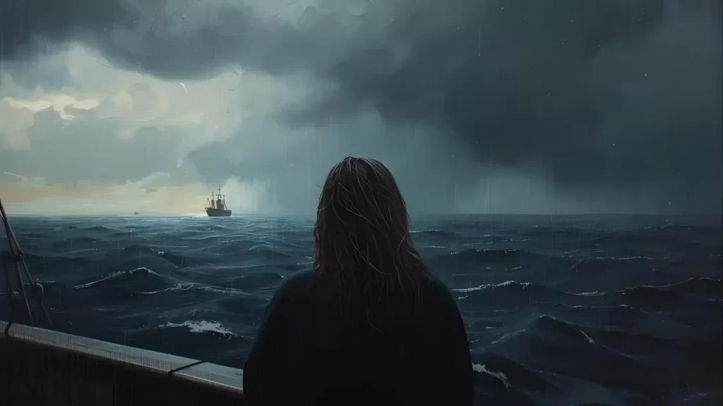 Pessoa olhando para o horizonte durante uma tempestade no mar ou chuva.