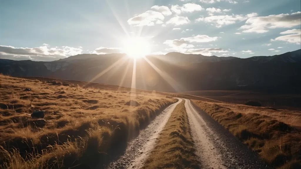Caminho iluminado pelo sol. Esperança em Deus para o futuro.