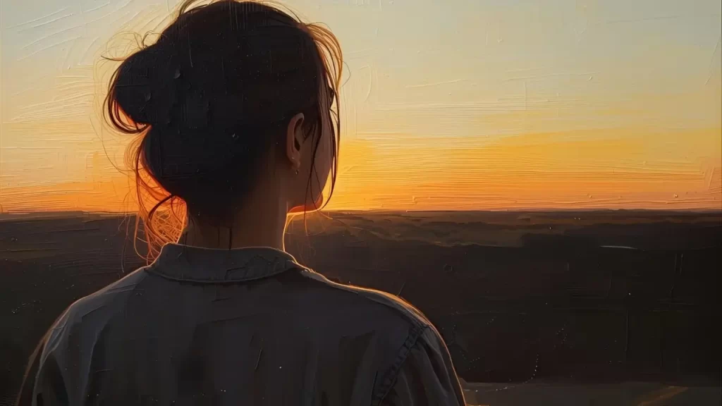 Uma pessoa contemplando o horizonte  ao amanhecer.