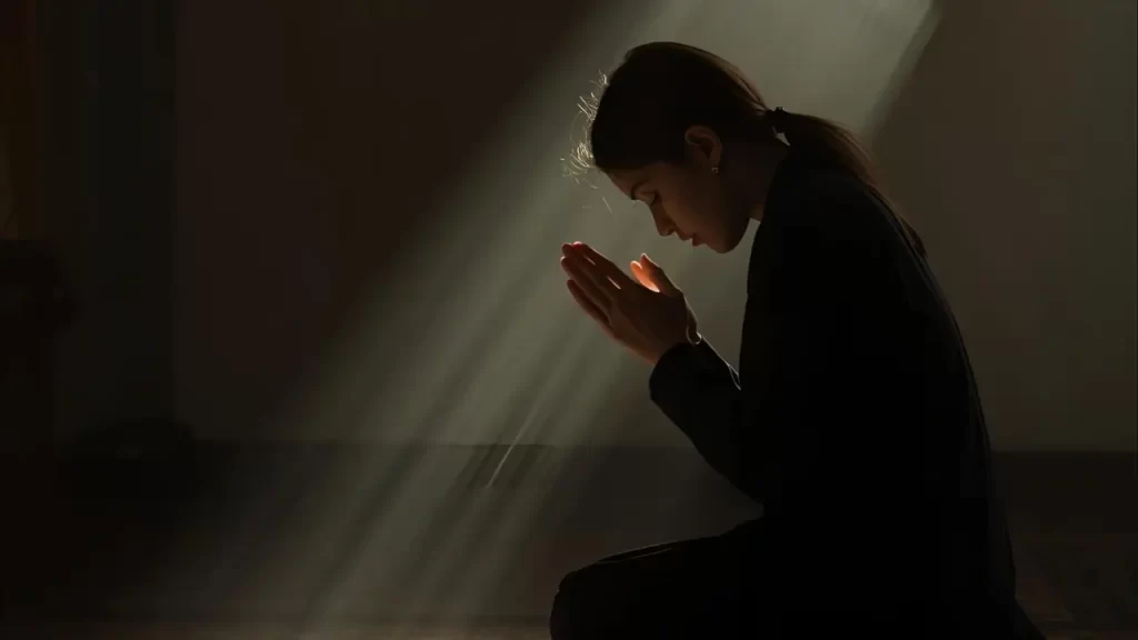 Pessoa orando em um ambiente tranquilo.