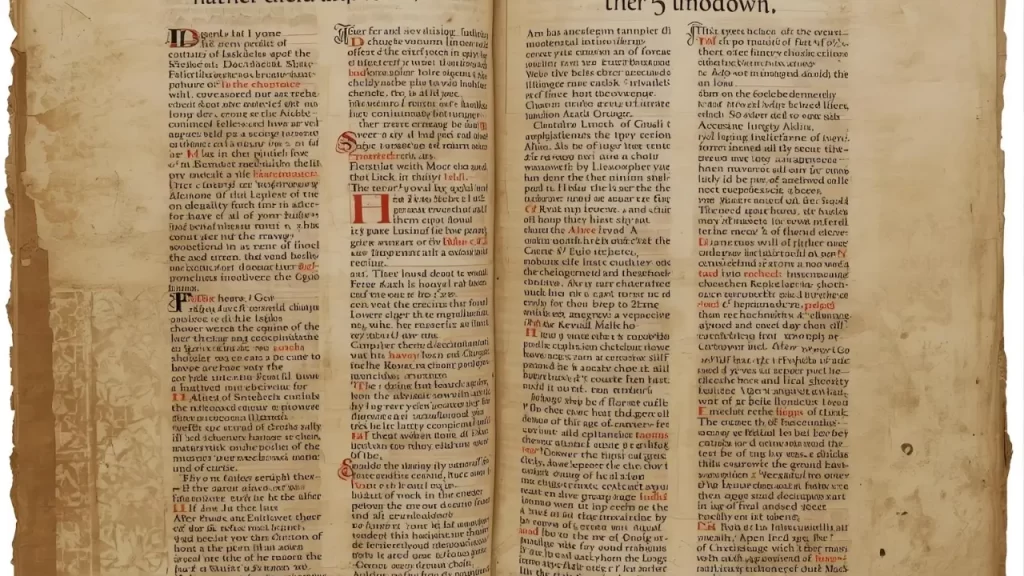 Manuscritos antigos representando mistérios bíblicos.