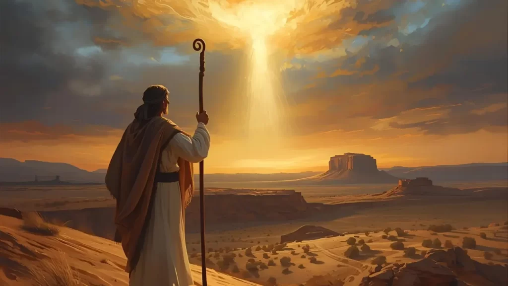 Moisés segurando o cajado, símbolo de milagres bíblicos.