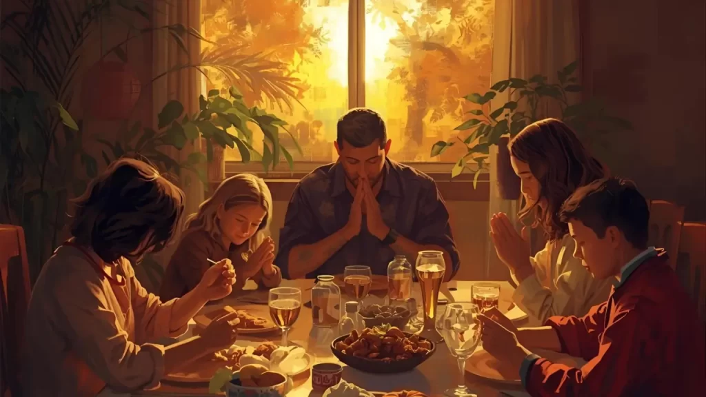 Imagem de uma família orando junta ao sentar a mesa.