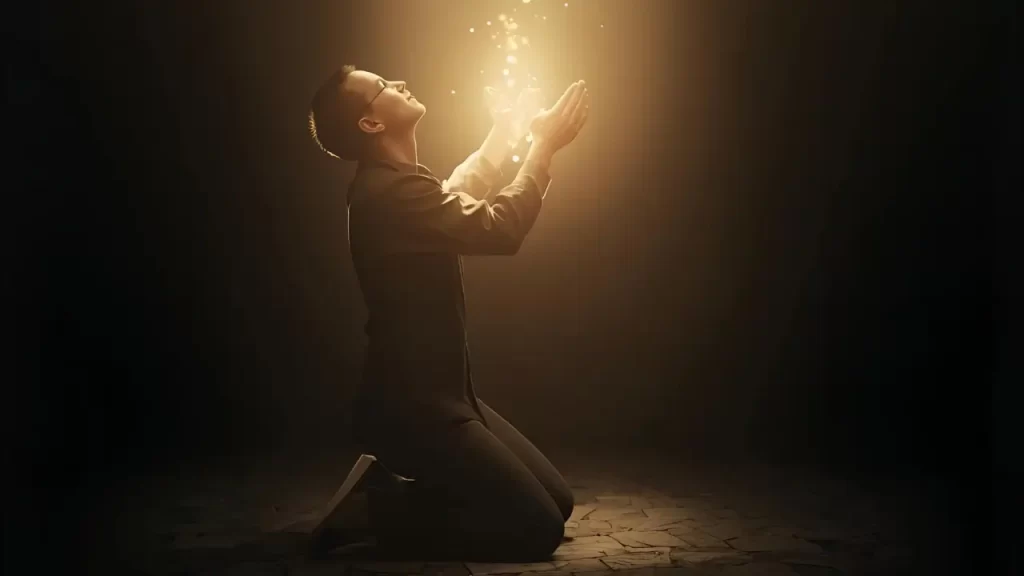 Pessoa recebendo luz divina simbolizando esperança que renova a alma em oração cristã.