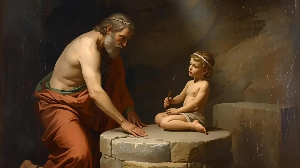 Abraão prestes a sacrificar Isaque, simbolizando sua obediência a Deus.