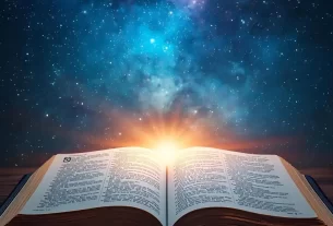 Bíblia aberta com céu estrelado ao fundo simbolizando esperança e as profecias bíblicas reveladas.