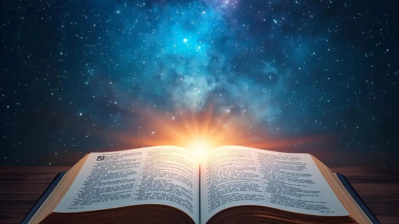 Bíblia aberta com céu estrelado ao fundo simbolizando esperança e as profecias bíblicas reveladas.
