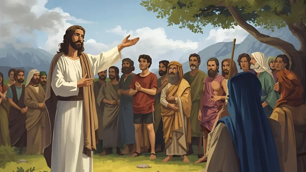 Ilustração de Jesus contando a parábola para uma multidão.