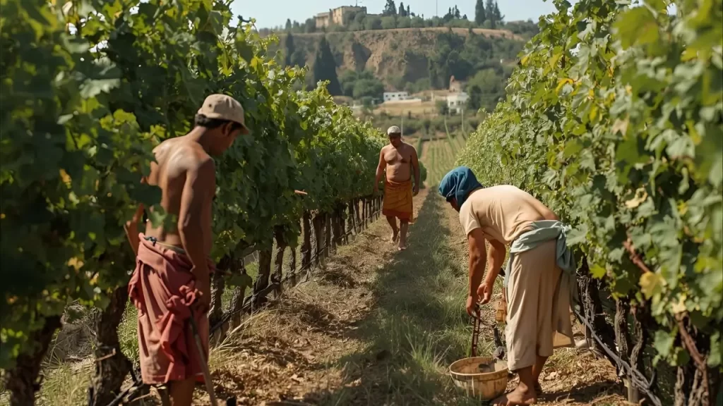 Vinhedo na Palestina antiga mostrando agricultores trabalhando em plantação de uvas.
