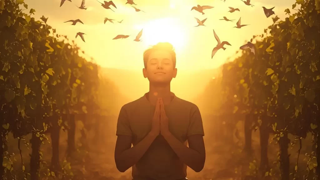 Pessoa orando e meditando diante de uma vinha.