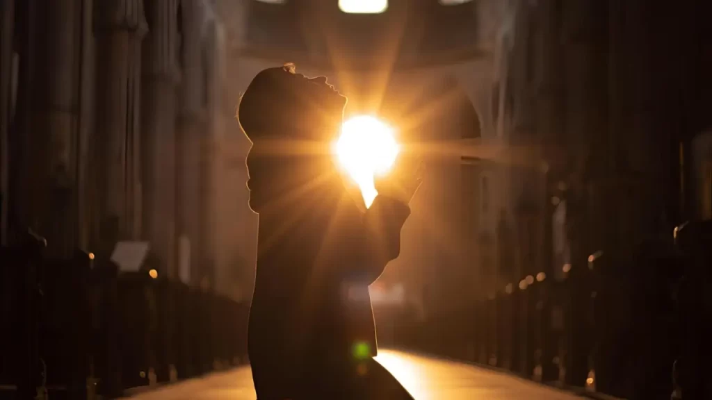 alguém orando com luz do sol ao fundo.