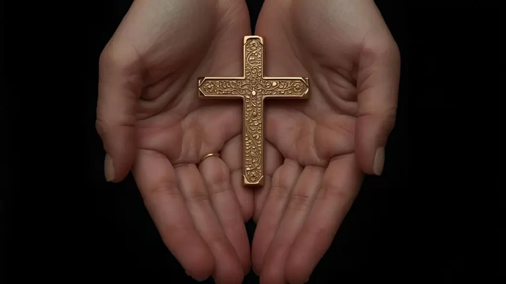 Mãos segurando uma cruz, representando o sustento e cuidado de Deus em momentos difíceis. 
