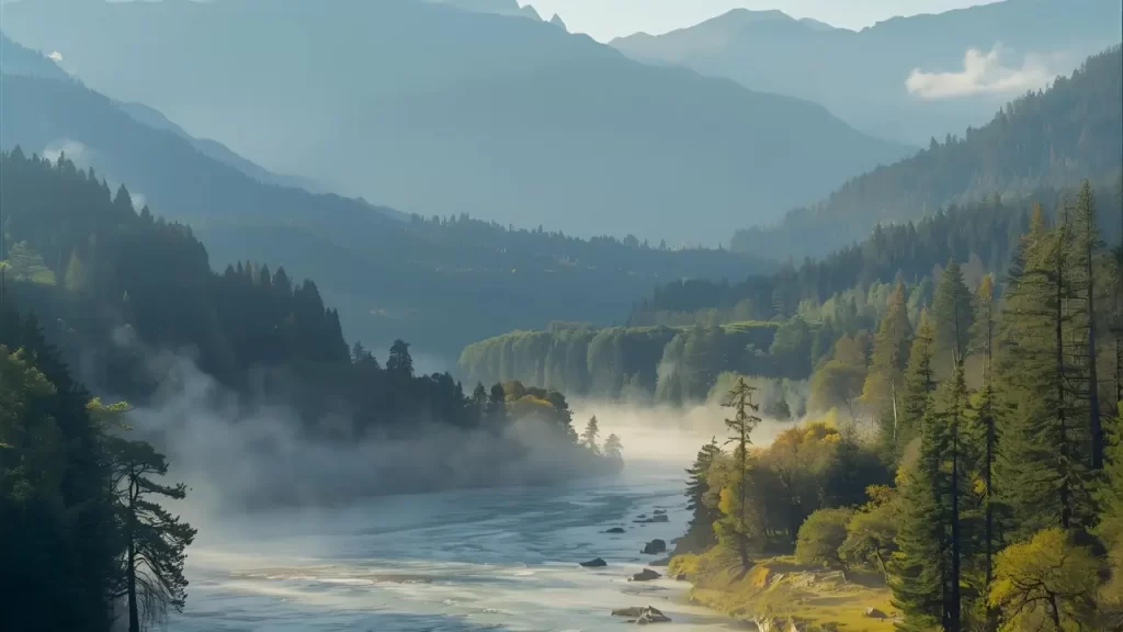 Um cenário tranquilo, como um refúgio na natureza com montanhas, árvores e rio calmo. 