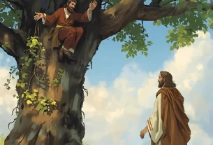 Zaqueu subindo na árvore de sicômoro, olhando para Jesus que se aproxima.
