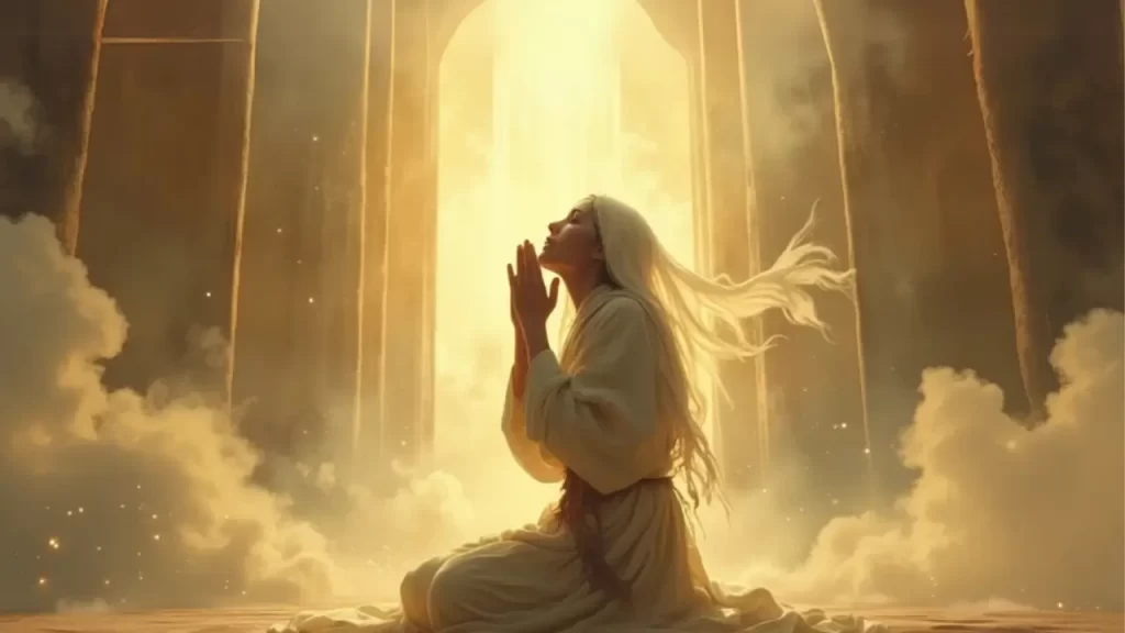 Uma pessoa em oração ou meditação em ambiente tranquilo. 