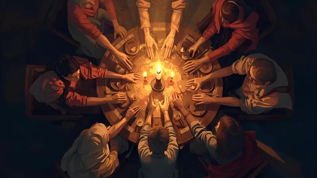 Símbolo de comunhão, como uma mesa compartilhada com mãos se unindo.