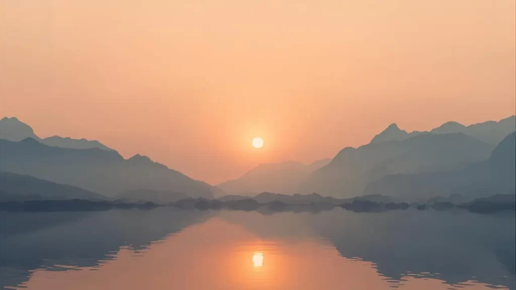 Paisagem calma, como montanhas ao amanhecer, transmitindo paz e presença divina.