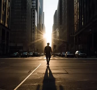 Uma pessoa caminhando sozinha em meio à cidade moderna. Representa a busca pela santidade na vida cristã em meio à correria e tentações do mundo atual.