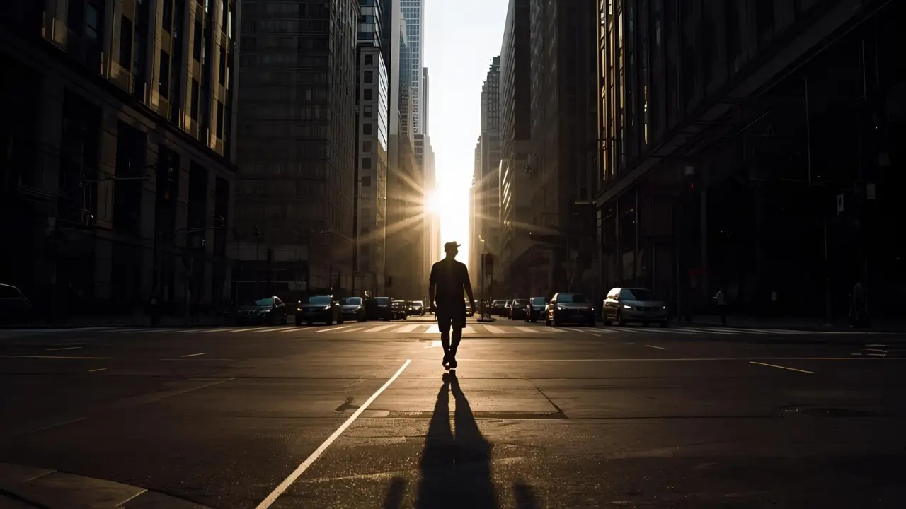 Uma pessoa caminhando sozinha em meio à cidade moderna. Representa a busca pela santidade na vida cristã em meio à correria e tentações do mundo atual.