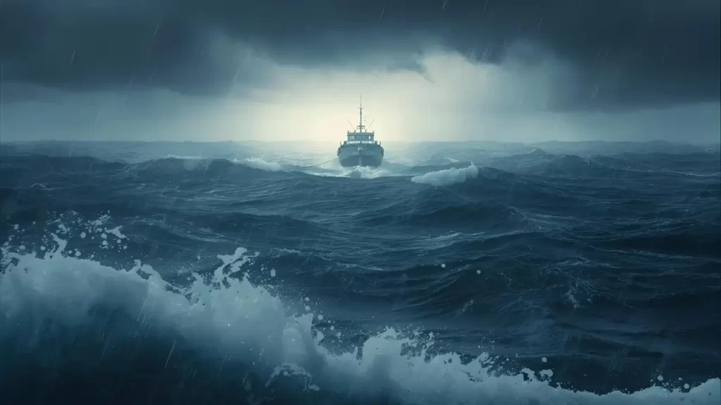 Barco em meio a uma tempestade, com luz surgindo no horizonte. representar visualmente o tema “acalmar a tempestade”.