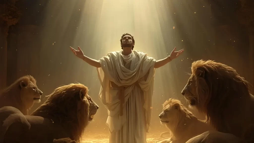 Imagem de Daniel na cova dos leões mostrando a proteção invisível de Deus