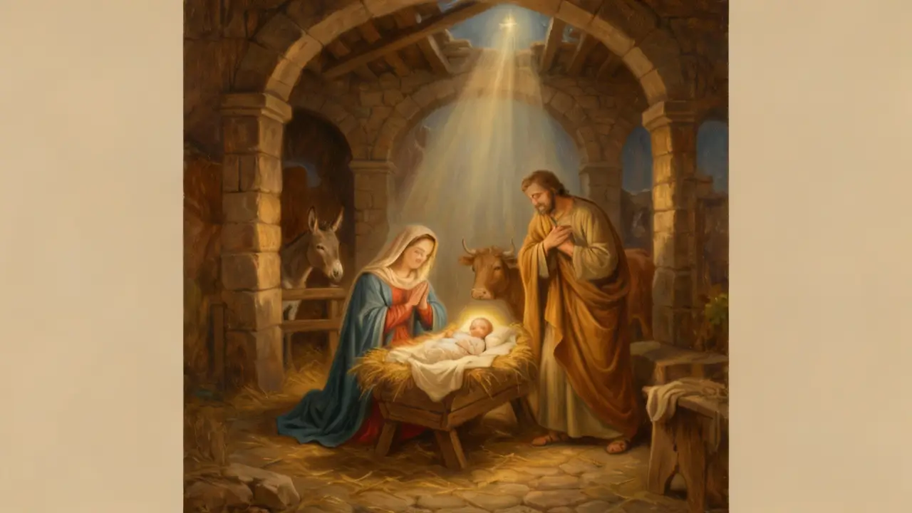 Nascimento de Jesus (manjedoura, luz suave, clima bíblico) curiosidade bíblica.