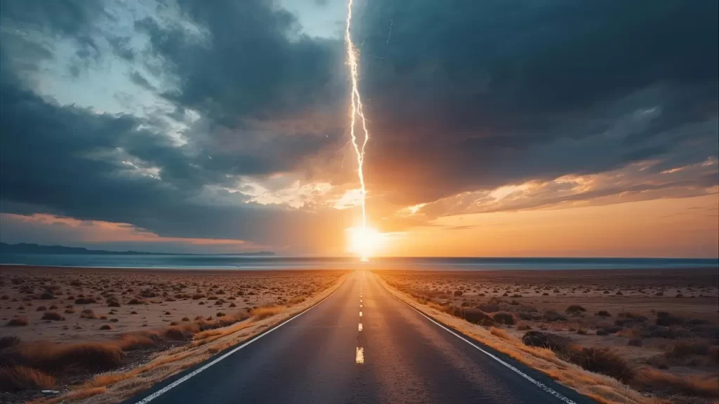 Uma imagem de impacto mostrando um caminho, estrada,  com luz no horizonte.
