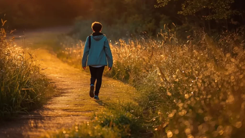 Pessoa caminhando por um caminho iluminado ao amanhecer. 