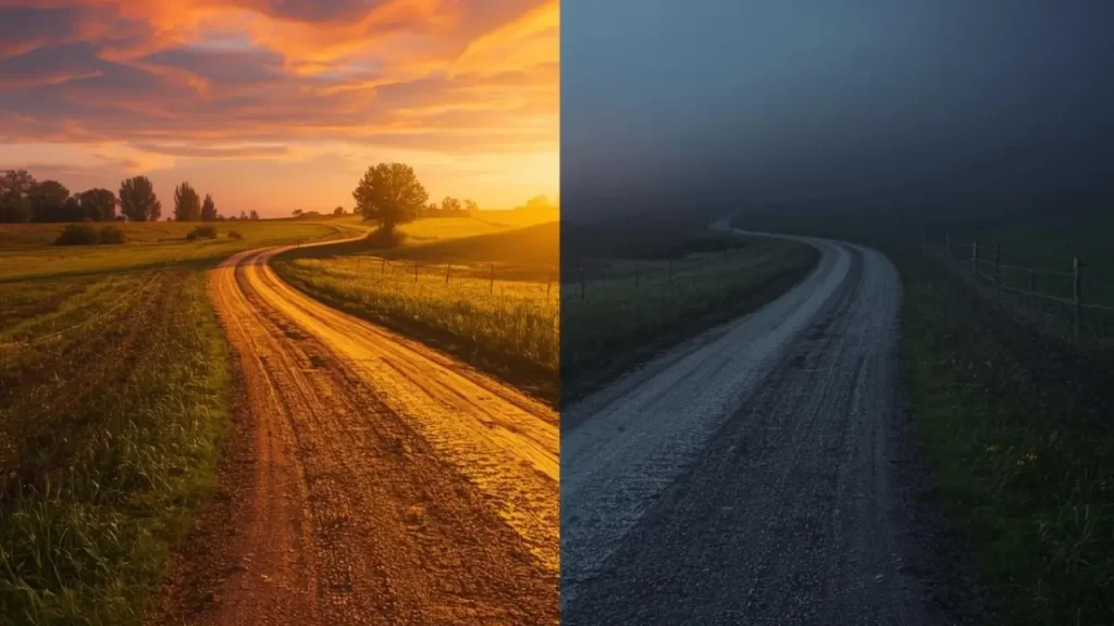 Estrada dividida em dois caminhos.  O caminho que leva a Deus e o outro te afasta Dele. 