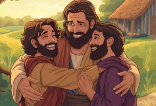 Ilustração do pai recebendo os dois filhos Da parábola do filho pródigo