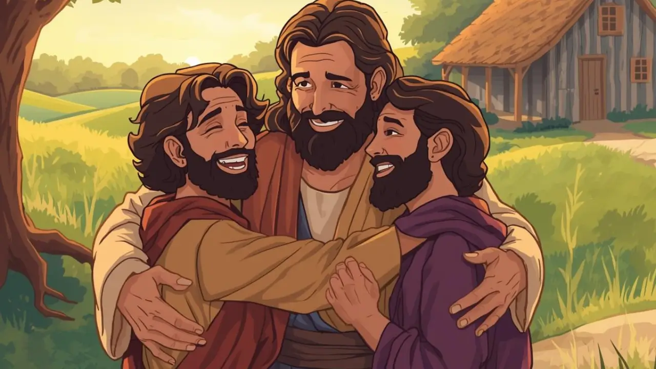 Ilustração do pai recebendo os dois filhos Da parábola do filho pródigo