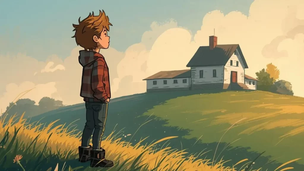 Um filho observando a casa à distância