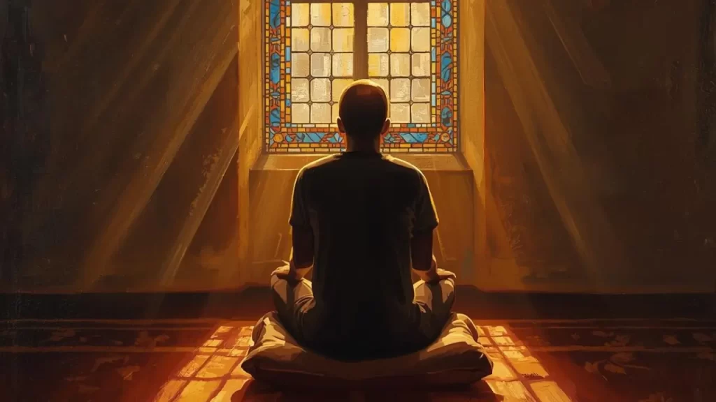 Pessoa orando com luz suave entrando pela janela.