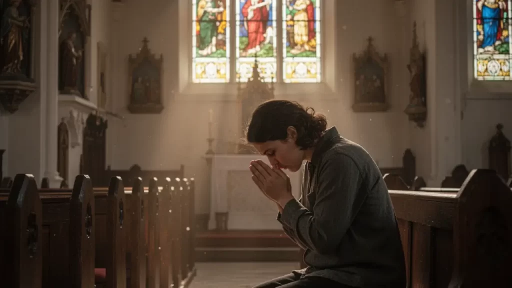Pessoa orando sozinha. Na igreja. 