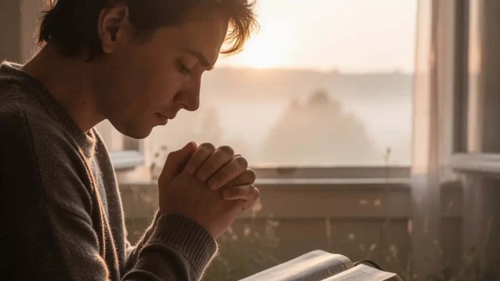 Pessoa orando e lendo a Bíblia em um ambiente tranquilo (manhã ou nascer do sol).