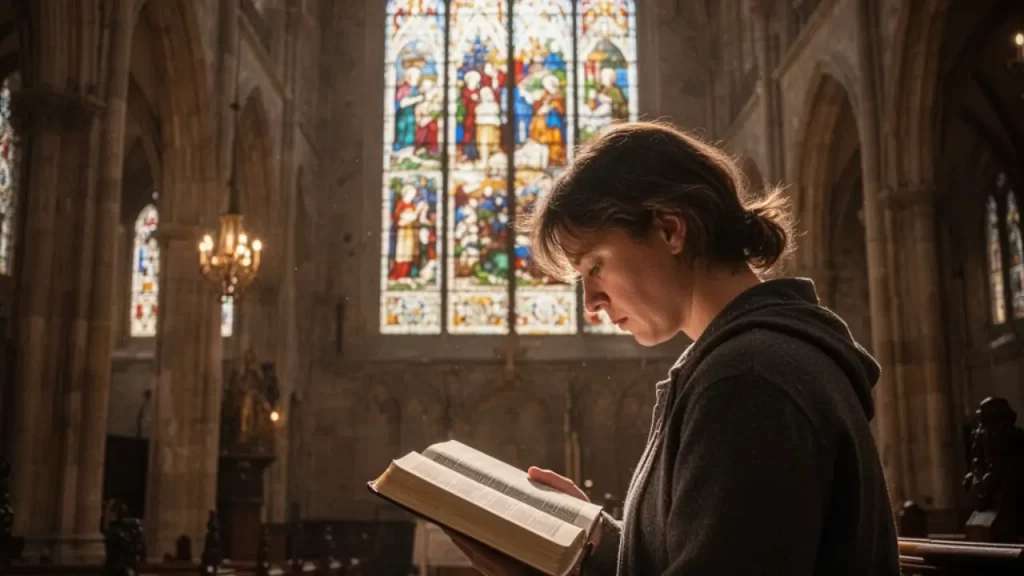 Pessoa orando e lendo a Bíblia. 