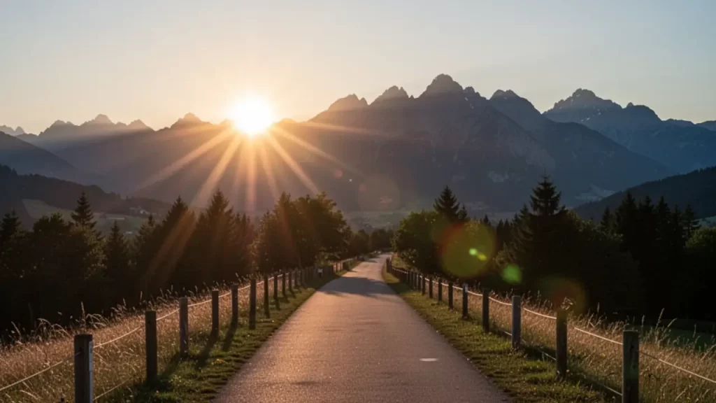 Caminho iluminado, nascer do sol clm natureza tranquila.