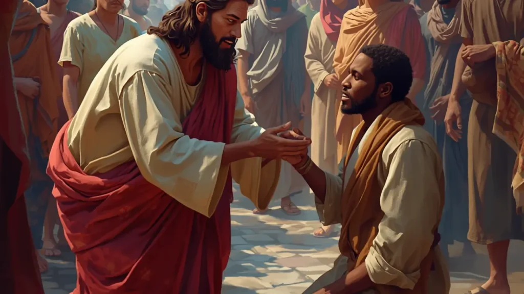 O leproso ajoelhado diante de Jesus.